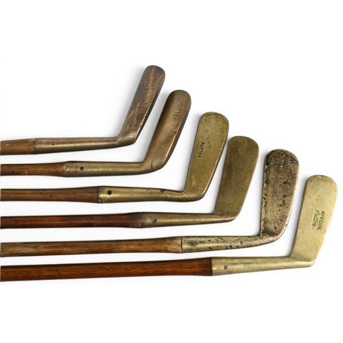 28 - 6x Various styled brass blade putters incl 2x Gems and 4x straight blades – all fitted with grips