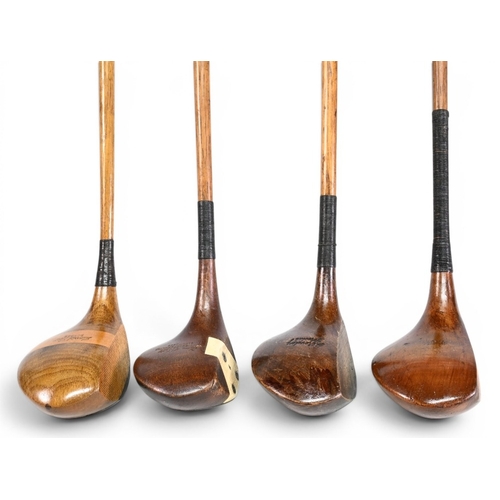 58 - 4x Large head socket neck woods a Walter Hagen driver, David Low stripe topped spoon, H Reveley dark... 