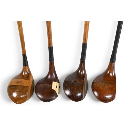 58 - 4x Large head socket neck woods a Walter Hagen driver, David Low stripe topped spoon, H Reveley dark... 