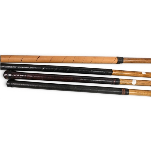 58 - 4x Large head socket neck woods a Walter Hagen driver, David Low stripe topped spoon, H Reveley dark... 