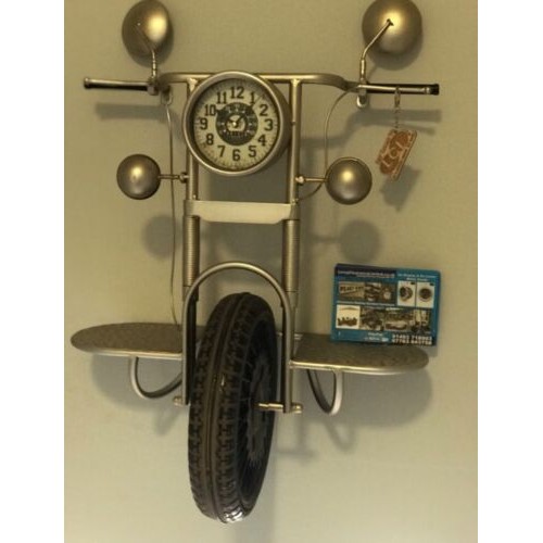 2C - Industrial steampunk Vintage 73cm Motor Bike Front Wall Shelf And Clock