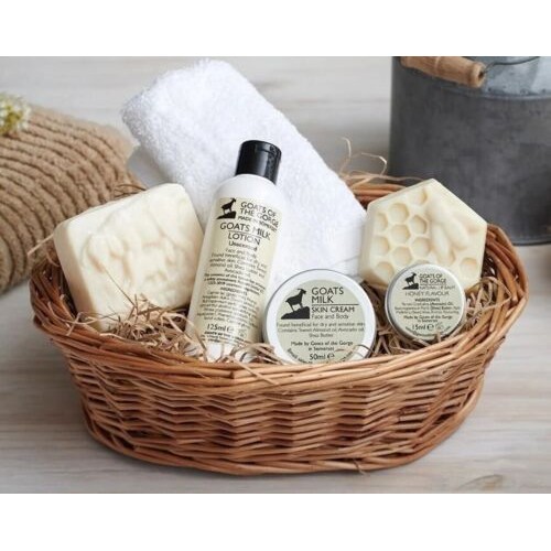 1a - Goats Milk Skin Care Gift Basket including Skin Lotion 125ml, Skin Cream 50ml, Unscented Soap, Honey... 