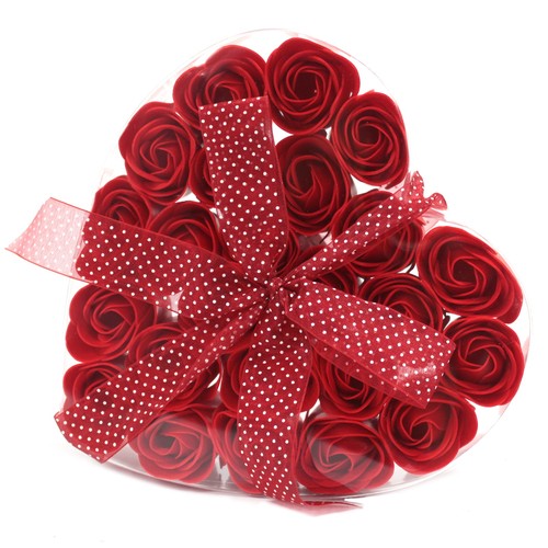 202 - Set of 24 Soap Flower Heart Box - Red Roses