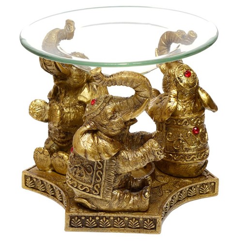 370 - Lucky Elephant Gold Oil and Tart Burner with Glass Dish