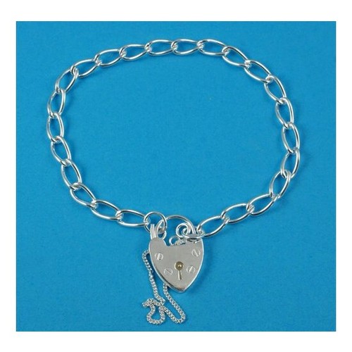 389 - Sterling silver charm bracelet with heart padlock fastening and safety chain.
7.5 inches long.