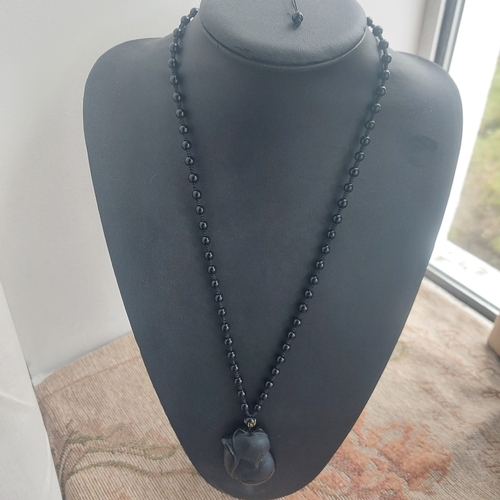 38A - NATURAL BLACK OBSIDIAN LUCKY FOX AMULET PENDANT NECKLACE WITH OBSIDIAN BEADS.