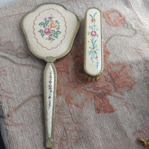 244 - Vintage embroidered brush with mirror