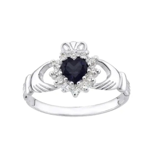 33A - Sterling Silver Blue Sapphire & cz Claddagh Ring