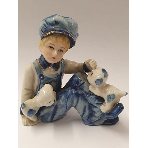 40 - Beautiful Vintage Blue/white Little Boy And Puppies Figure