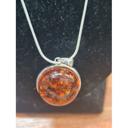 0044H - Vintage amber stone large pendant and silver 925 chain