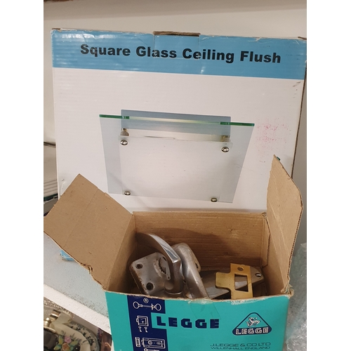 335 - Boxed Square Glass Ceiling Flush Light And Box Of mixed Door Handles etc