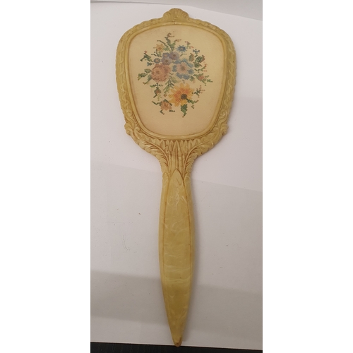 436 - Vintage Halex Handheld Dressing Table Mirror with embroidered Back