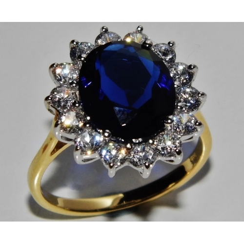 189 - 9ct Gold & Silver Blue Sapphire & cz Princess Diana Large Cluster Ring