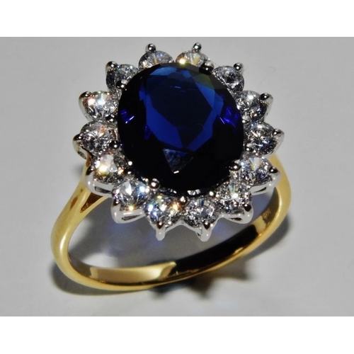 016F - 9ct Gold & Silver Blue Sapphire Diana Large Cluster  cz Ring