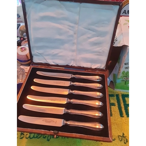 4C - 6 X Antique Silver Handled Knives Cased 1930 Martin Hall And Co Sheffield