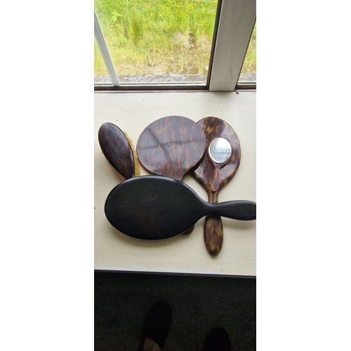 258 - Vintage ebony and faux tortoise shell mirrors and brush