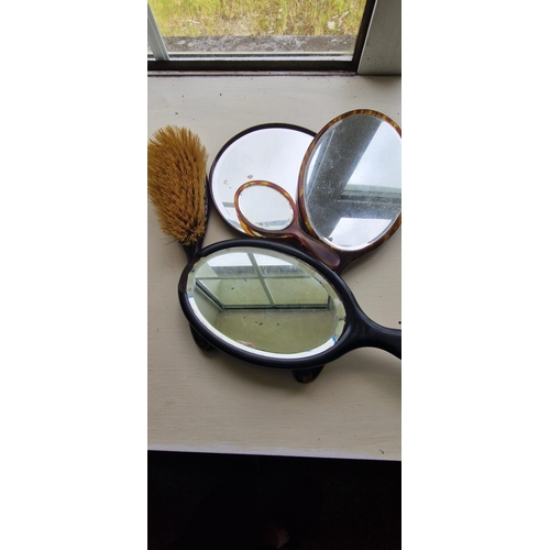 258 - Vintage ebony and faux tortoise shell mirrors and brush