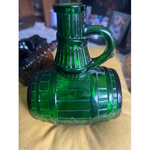 76 - Vintage retro Green Glass Barrel shaped Decanter Bottle  (Belgium) 0.5ltr