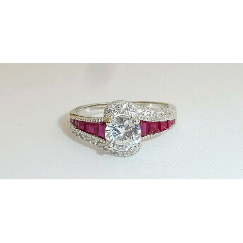 389 - Solid Silver Ruby & White Sapphire Solitaire Accents Ring