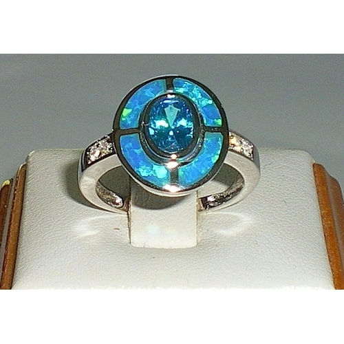 17S - Art Deco Sterling 925 Solid Silver Opal Sapphire & Aquamarine Target Ring