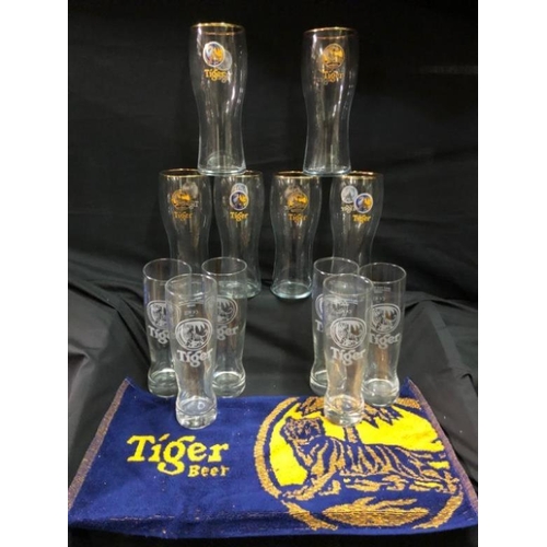 375 - Tiger Home Bar Set - 6 Pint Glasses embossed, 6 x half Pint Glasses and a Tiger Bar Towel