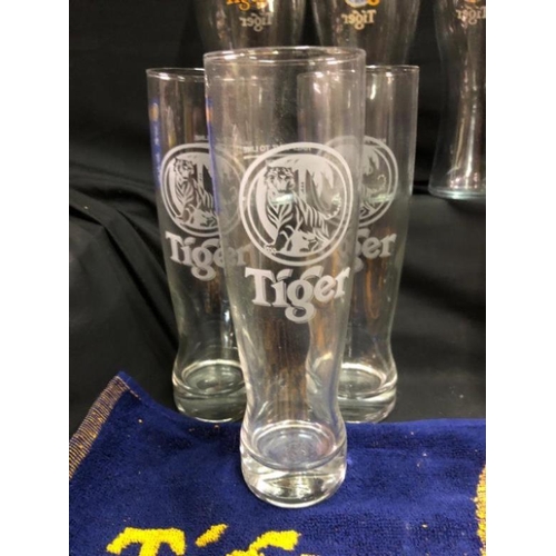 375 - Tiger Home Bar Set - 6 Pint Glasses embossed, 6 x half Pint Glasses and a Tiger Bar Towel