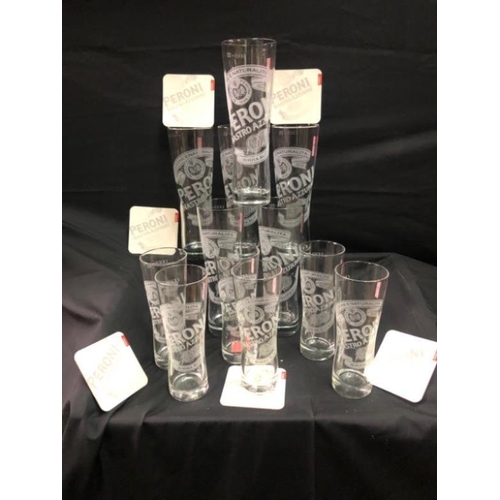 377 - 6 Peroni Embossed.50L Glasses, 6 x Peroni Embossed .25l Glsses and 6 Peroni Collection Beer Mats
