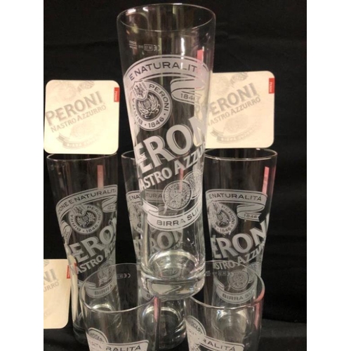 377 - 6 Peroni Embossed.50L Glasses, 6 x Peroni Embossed .25l Glsses and 6 Peroni Collection Beer Mats