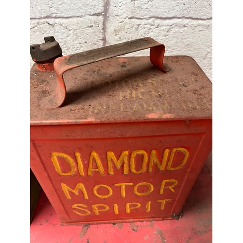 82 - Power petrol and diamond motor spirit petrol cans. {26 cm W x 30 H x 15 cm D}