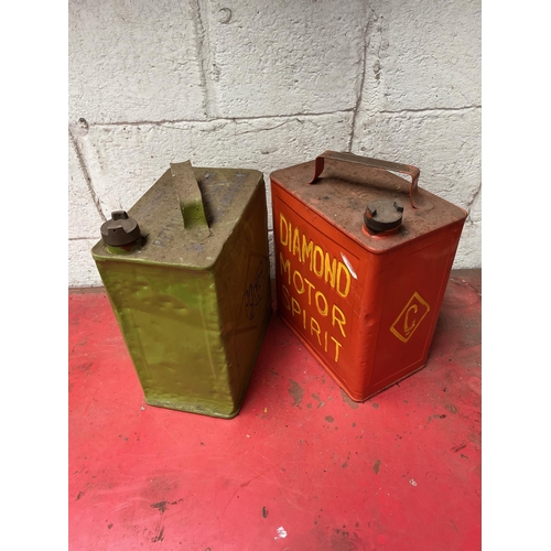 82 - Power petrol and diamond motor spirit petrol cans. {26 cm W x 30 H x 15 cm D}