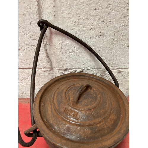 57 - Metal skillet pot, ceramic pot, vintage tin.