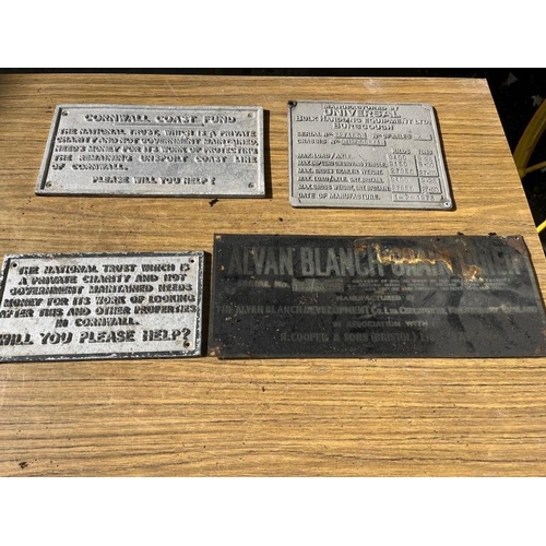 412 - Four vintage notices and nameplates including the Alvan Blanch. {Largest 38 cm W x 15 cm H}