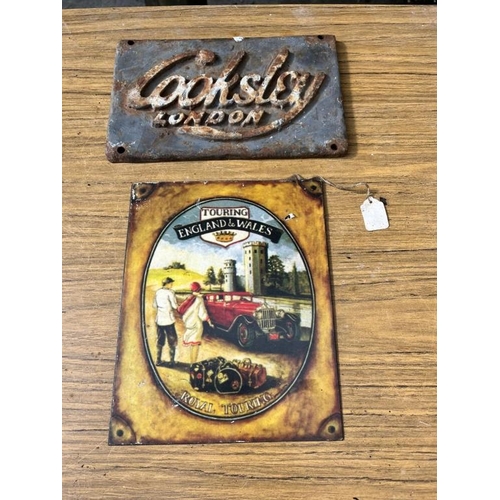 415 - Cooksley London cast iron name plate and a vintage style advertisement. {26 cm W x 15 cm H}