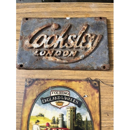 415 - Cooksley London cast iron name plate and a vintage style advertisement. {26 cm W x 15 cm H}