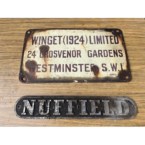 416 - Antique enamel sign Winget Ltd and a Nutfield chrome nameplate. {38 cm W x 22 cm H}