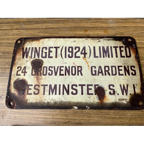 416 - Antique enamel sign Winget Ltd and a Nutfield chrome nameplate. {38 cm W x 22 cm H}