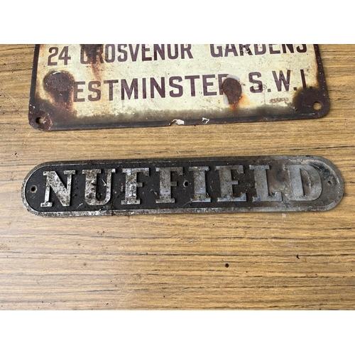 416 - Antique enamel sign Winget Ltd and a Nutfield chrome nameplate. {38 cm W x 22 cm H}