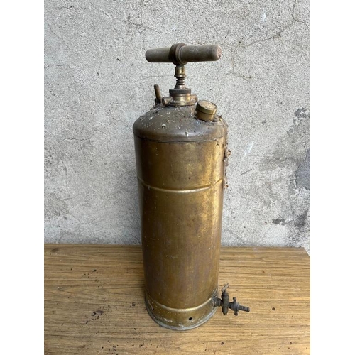 435 - Vintage brass cylindrical shaped sprayer. {20 cm W x 68 cm H}