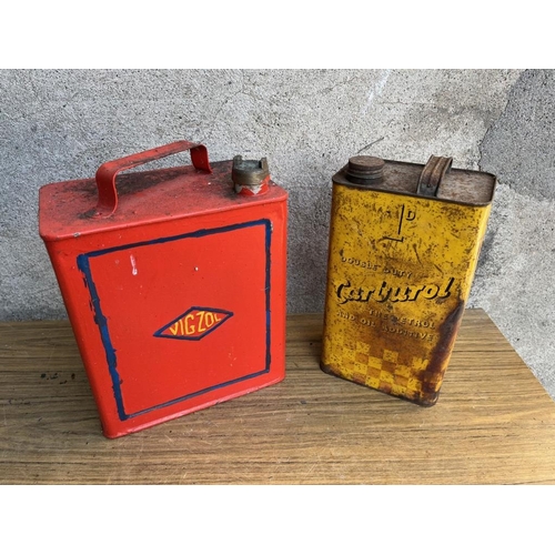 440 - Vigzol oil can and another vintage oil can. {25 cm W x 30 cm H x 15 cm D}