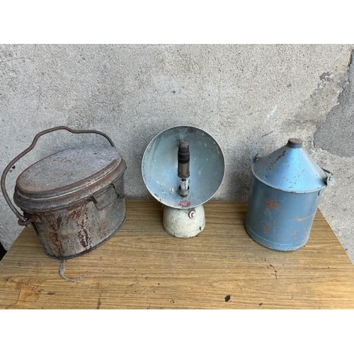 445 - Vintage paraffin Tilley heater and two vintage cannisters.