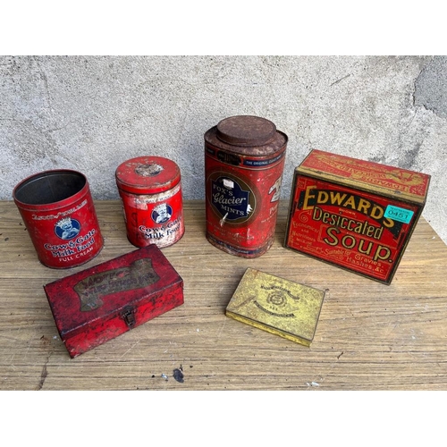 451 - Good selection of vintage tins. {15 cm W x 25 cm H x 1cm H}