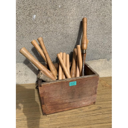 47 - Wood turning chisels complete with box.