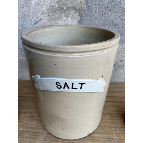 476 - Earthenware jar for salt and another two earthenware jars. {24 cm W x 27 cm H}