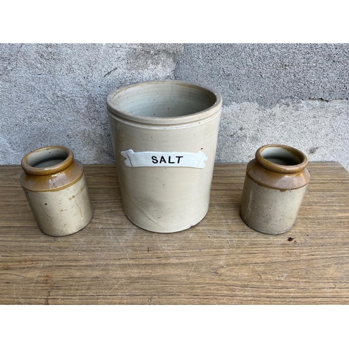 476 - Earthenware jar for salt and another two earthenware jars. {24 cm W x 27 cm H}