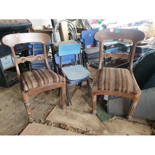 104 - Large quantity of stackable chairs, two antique dining chairs and a childs chair as found.