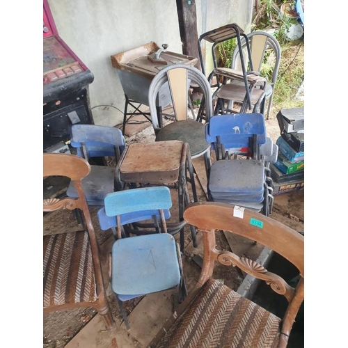 104 - Large quantity of stackable chairs, two antique dining chairs and a childs chair as found.