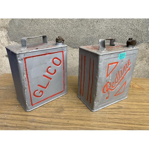 11 - Two oil cans, Redline and Glico complete with brass tops. {W 25 cm x H 32 cm x D 15 cm}