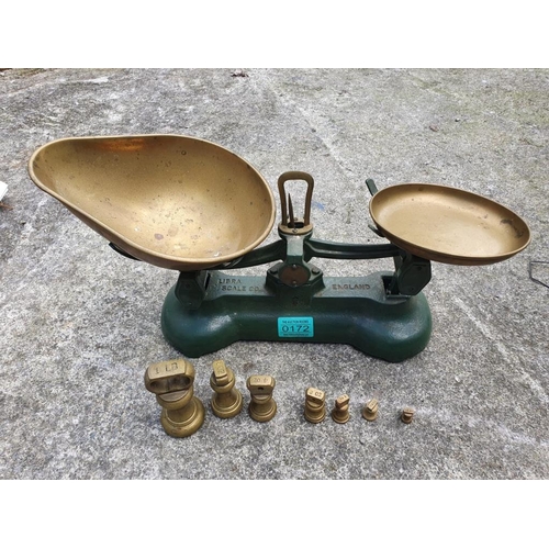 172 - Lebra Scale & Co  brass and metal scales complete with weights. {W 43 cm x H 20 cm x D 18 cm}