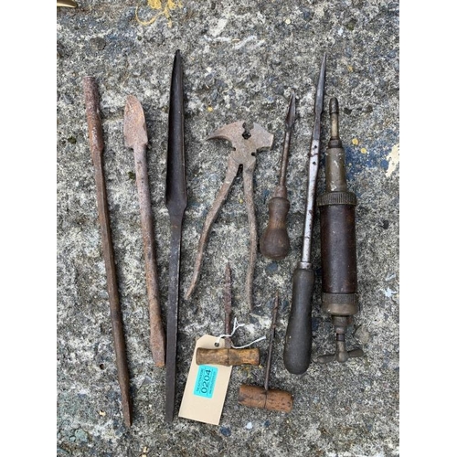 204 - Collection of various implements including pump, hand drill etc.