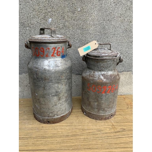 226 - Two graduated milk cans with carrying handles. {Largest H 55 cm}